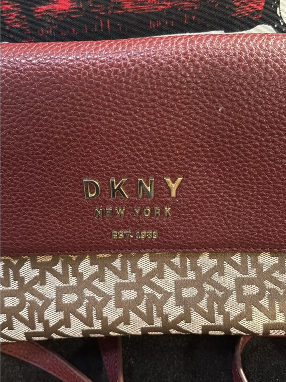 DKNY Burgundy Leather & Beige Monogram Crossbody Bag
